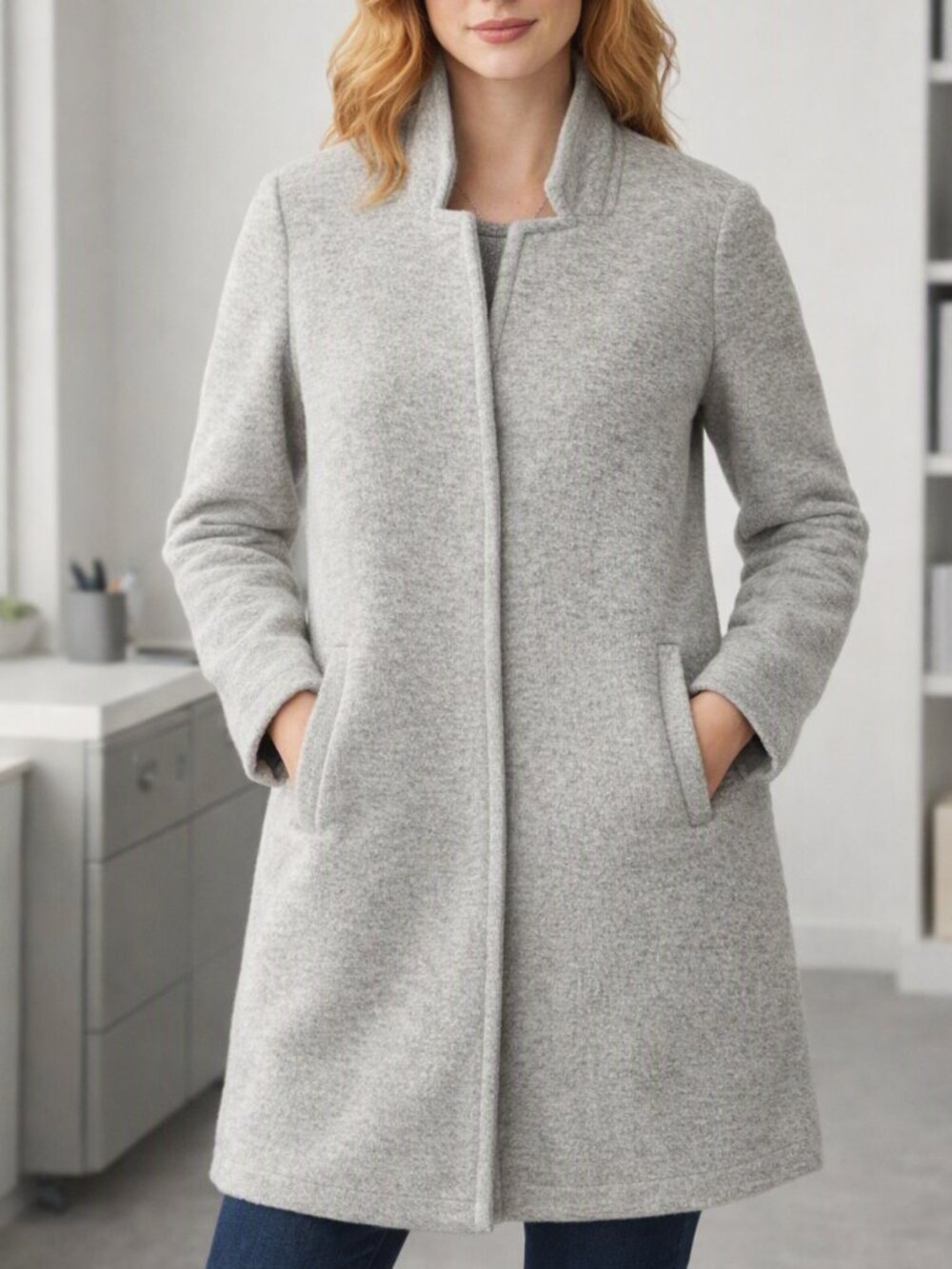 VEROโฏMODA Katrine Brushed MidโSeason Coat | Grey | SizeโฏL | Modern Stand Collar